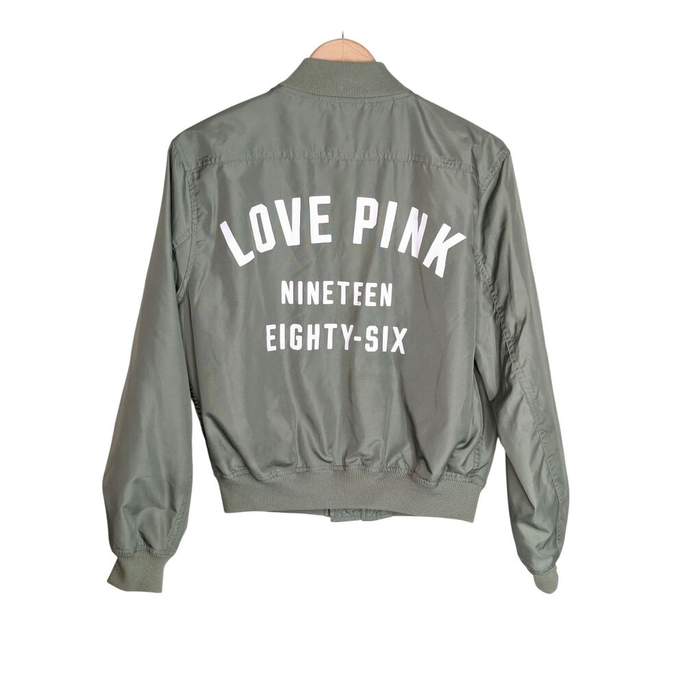 Victoria's Secret PINK Full Zip Flight Jacket Sz XS Sage Green White Bomber